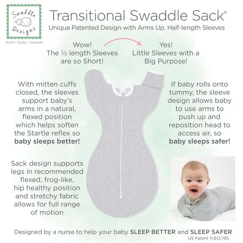 SwaddleDesigns Transitional Swaddle Sack, Arms Up Half-Length Sleeves & Mitten Cuffs, Swaddle for Newborn Transition to Baby Sleep Sack Wearable Blanket, 6-9 Month, 21-24 lb, Gray with Striped Trim - Image 5